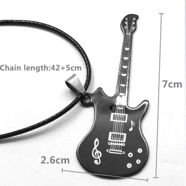 Custom Engraved Black Guitar Pendant Necklace Set